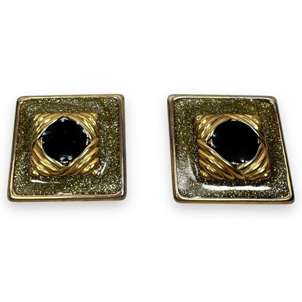 Vintage Costume Jewelry Earrings Gold Tone Metal Glitter Resin Faux Black‎ Stone